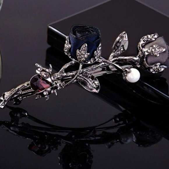 Dark Blue & Gray-Blue Silk Petite Roses Barrette - Pearl - Garnet… - Picture 1 of 10